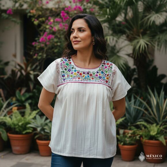 Mexican Embroidered Blouse – Handmade Otomi Floral Animals Design Large 28x23in - Picture 7 of 10